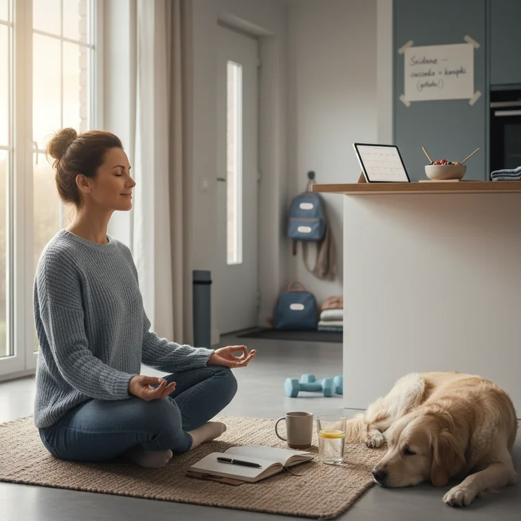 Zmęczona, ale uśmiechnięta pracująca mama obejmuje dziecko przy śniadaniu, pokazując, jak dobrze ustawiony poranek 2026 zmniejsza stres i daje czas dla siebie