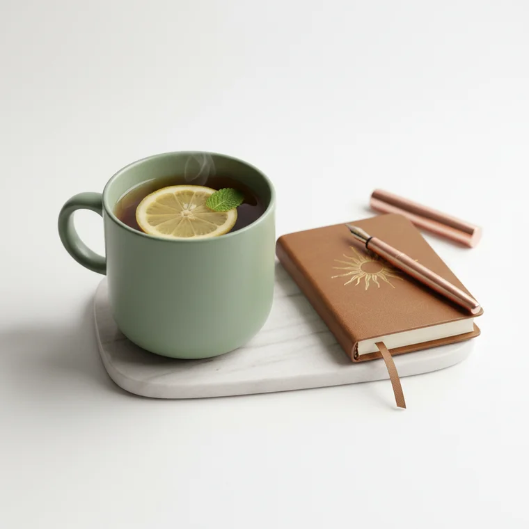 Pracująca mama przy stole w kuchni planuje poranek 2026 z kalendarzem i kubkiem kawy, tworząc spokojną rutynę, która daje jej czas dla siebie