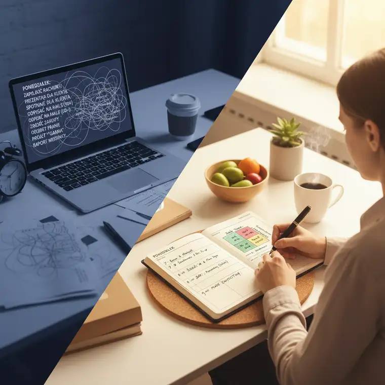 Osoba przeglądająca uporządkowaną listę zadań na poniedziałek, wykorzystująca techniki planowania, bez uczucia przytłoczenia