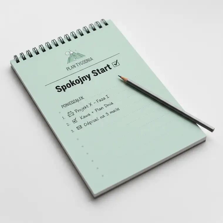 Kobieta planująca poniedziałkową listę zadań przy biurku, spokojny start tygodnia z notatnikiem i kawą, bez paraliżu obowiązkami