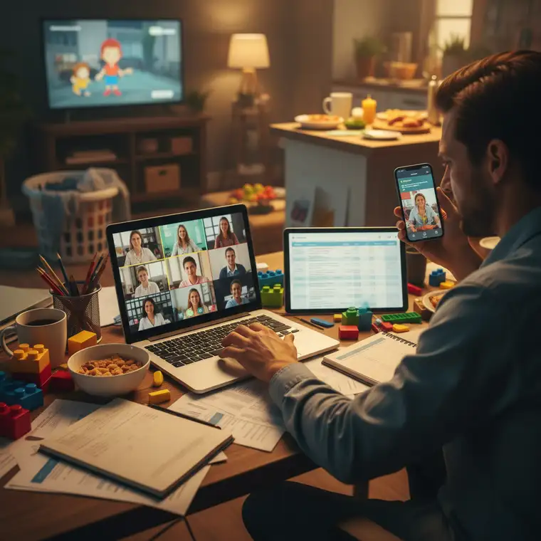 Pracownik zdalny siedzący przy biurku z laptopem i notatkami, skupiony na jednym zadaniu, ogranicza multitasking w pracy zdalnej