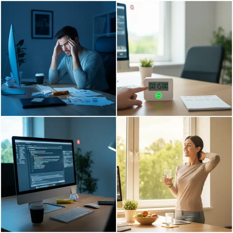 Pracownik biurowy korzysta z timera do planowania 90‑minutowych bloków pracy przy komputerze i aktywnych przerw, aby zmniejszyć ból głowy