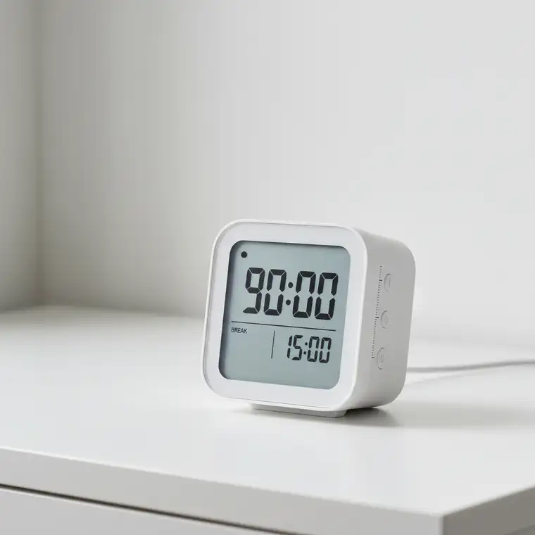 Osoba pracująca przy komputerze robi przerwę co 90 minut, rozciąga się przy biurku, aby uniknąć bólu głowy i zmęczenia oczu