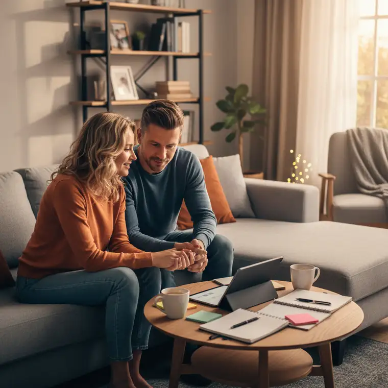 Partnerzy planują tydzień przy kalendarzu, pokazując jak wsparcie w małżeństwie wzmacnia produktywność i rozwój osobisty
