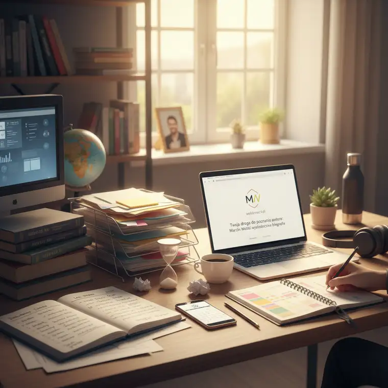 Notatnik z planowaniem dnia, laptop i kubek kawy symbolizujące produktywność, rozwój osobisty i temat Marcin Wolski wykształcenie biografia