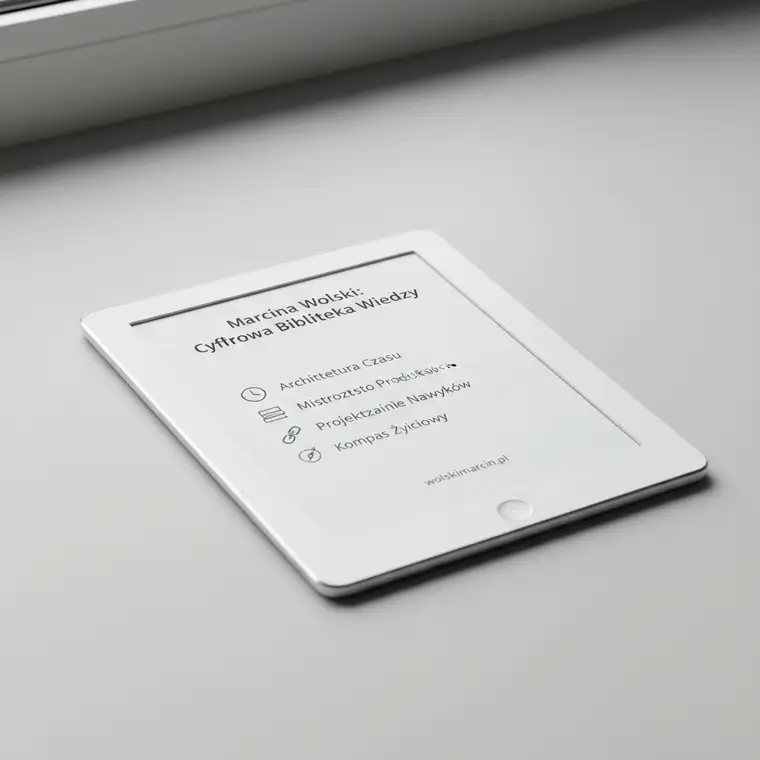 Ilustracja przedstawiająca czytelnika odkrywającego cyfrową bibliotekę artykułów o rozwoju osobistym, produktywności i nawykach Marcina Wolskiego