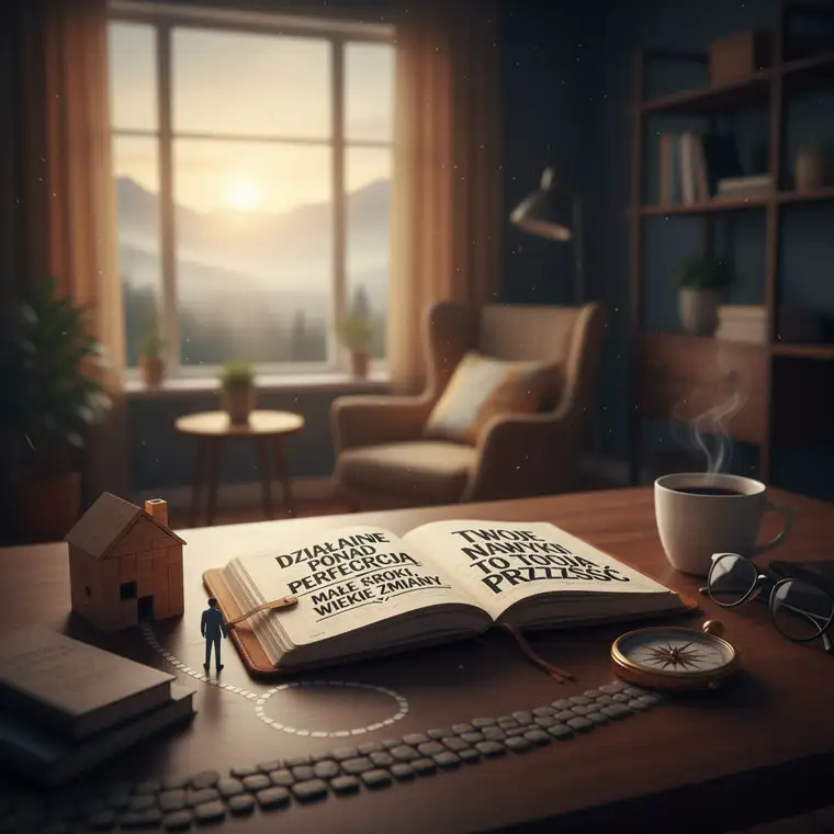 Plan dnia z wypisanymi Marcin Wolski cytaty o czasie, nawykach i konsekwencji, obok notatnik i kubek kawy na biurku