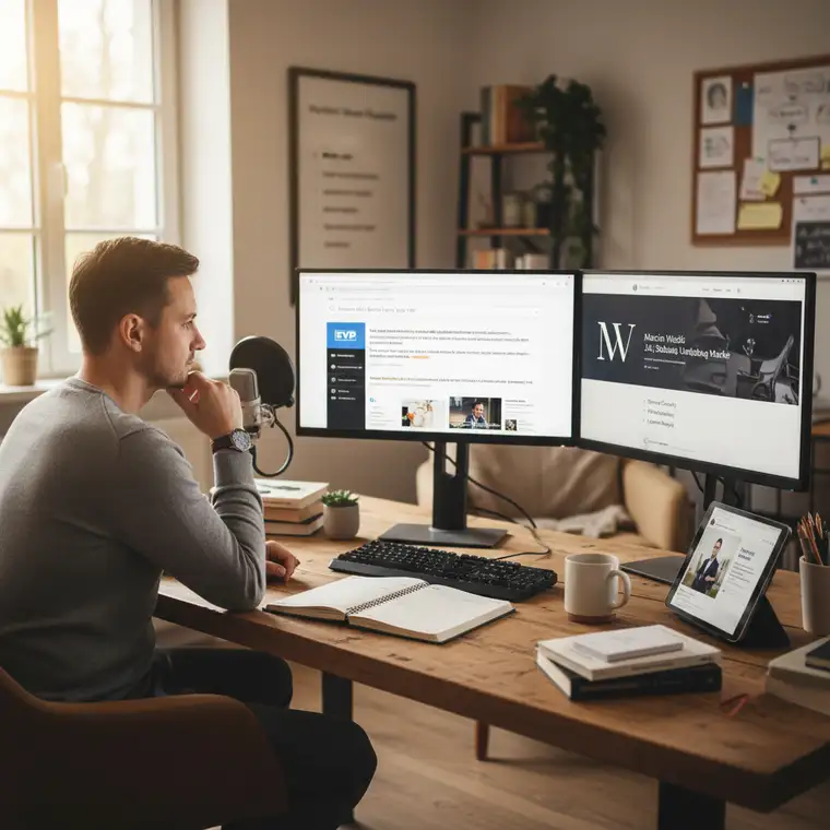 Osoba planująca działania w kalendarzu, łącząca rozwój osobisty, produktywność i markę osobistą z motywem Marcin Wolski W tyle wizji TVP