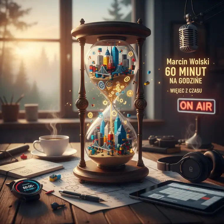 Osoba pracująca z kalendarzem i komputerem, planująca tydzień w duchu Marcin Wolski 60 minut na godzinę audycja, z naciskiem na priorytety i blokowanie czasu