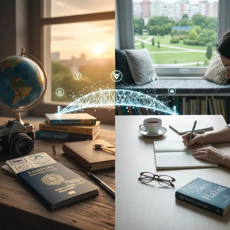 Osoba pracująca z notatnikiem i mapą w kawiarni, pokazująca planowanie podróży i zarządzanie czasem jako element produktywności