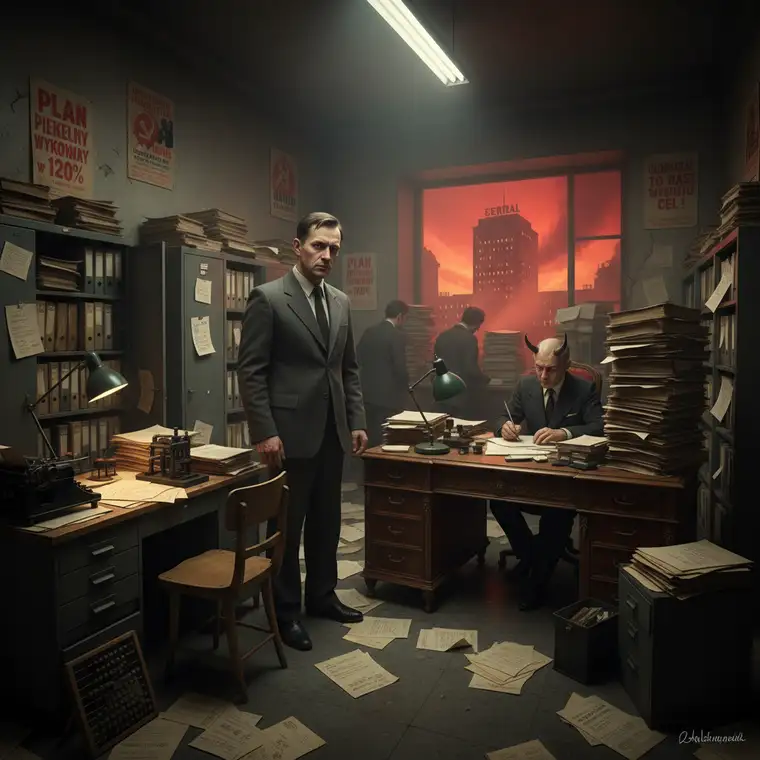 Postać czytająca książkę o piekielnej biurokracji w stylu PRL, ilustrująca jak seria Marcin Wolski Agent Dołu wspiera rozwój osobisty i dystans do systemu