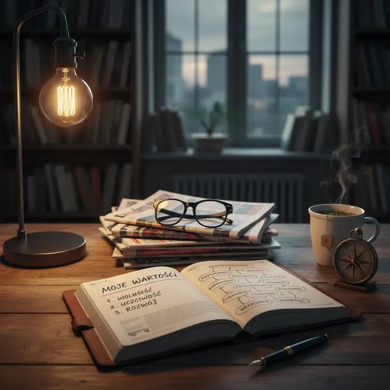 Osoba zapisująca swoje wartości i cele w notatniku, ilustrująca praktyczne ćwiczenie definiowania priorytetów i poglądów politycznych w duchu: Marcin Wolski poglądy polityczne