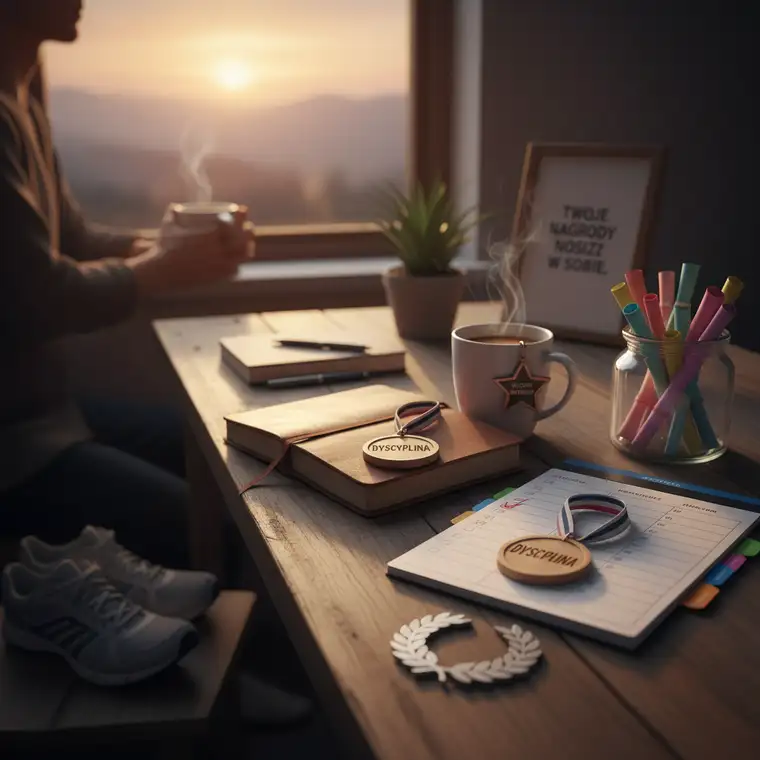 Osoba zaznaczająca małe codzienne sukcesy w notesie, symboliczne nagrody i odznaczenia budujące rozwój osobisty i produktywność