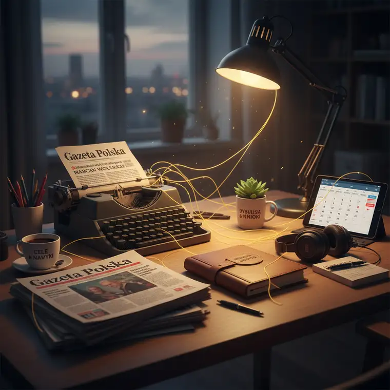 Notatnik z zaplanowanym tygodniem i szkicem felietonu, symbol łączący klarowność myśli, planowanie zadań i rozwój osobisty