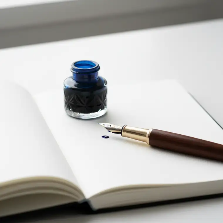 Mężczyzna piszący felieton przy biurku, ilustracja łącząca pracę felietonisty z zasadami produktywności i rozwoju osobistego