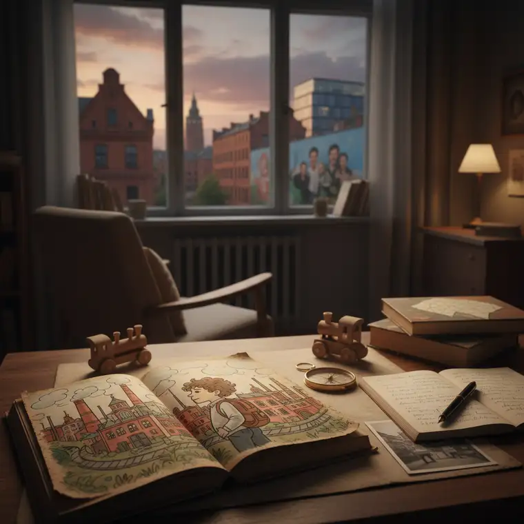 Panorama Łodzi z industrialną architekturą, symbolizująca miasto jako tło dzieciństwa i młodości Marcina Wolskiego