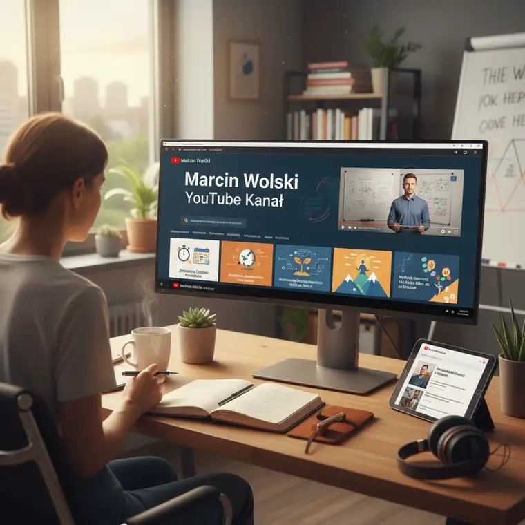 Scena z nagrania na kanale Marcin Wolski YouTube, autor tłumaczy na tablicy proces budowania nawyków i produktywności krok po kroku