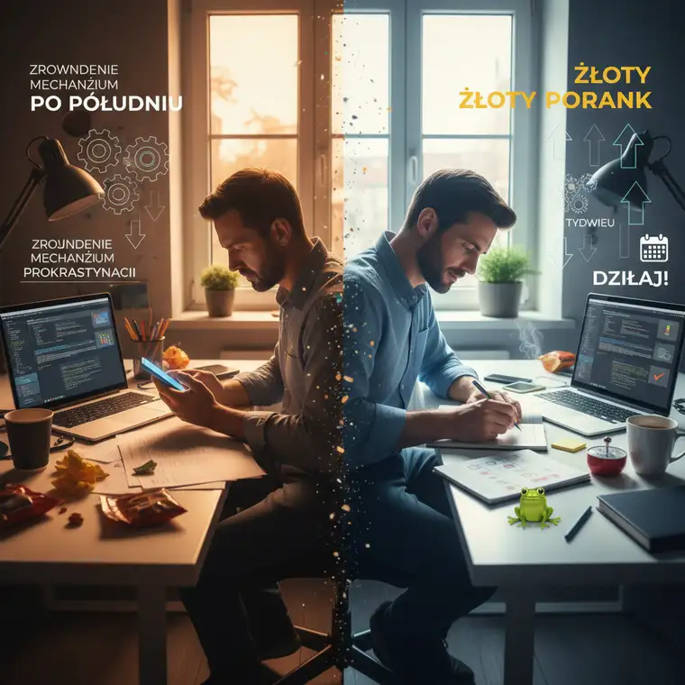 Pracownik korzystający z metody Pomodoro przy biurku, pokazujący, jak nie odkładać trudnych zadań na później i budować nawyk porannego skupienia