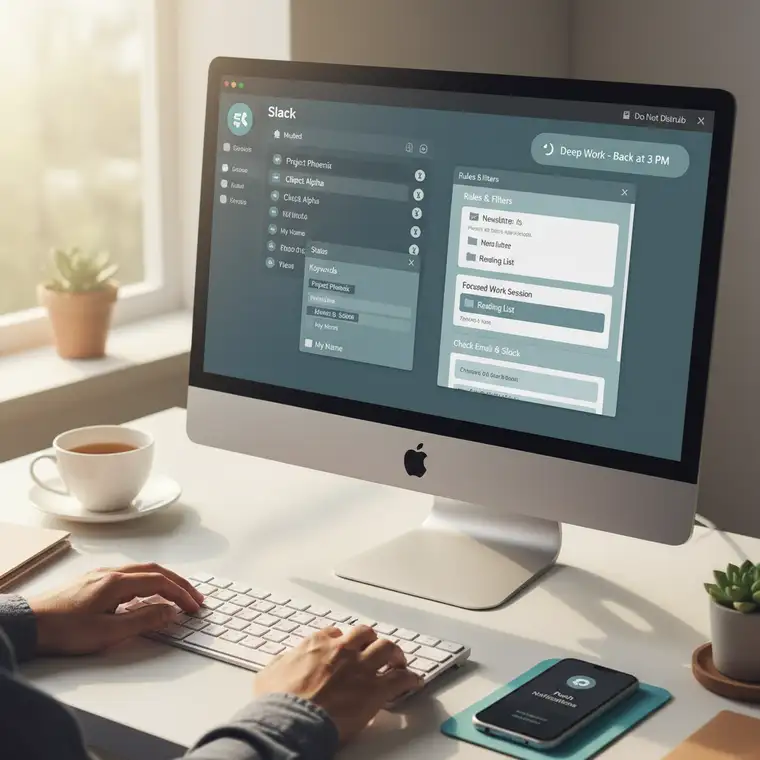 Pracownik przy komputerze porządkujący skrzynkę e-mail i ustawiający zasady, by ograniczyć powiadomienia i przepracowanie