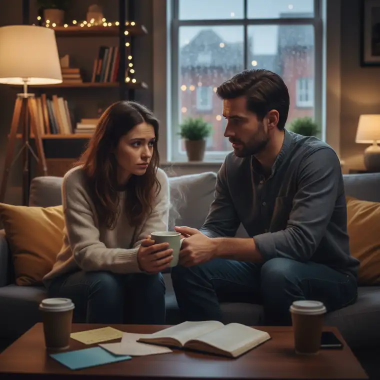 Dwoje partnerów siedzi przy stole, spokojnie rozmawia o wypaleniu i wspierającej komunikacji bez udzielania rad