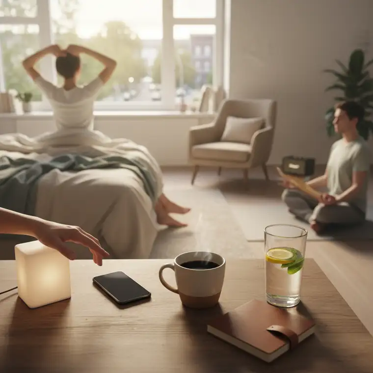 Mężczyzna po miesiącach przepracowania medytuje rano lub pisze dziennik, tworząc prosty regeneracyjny poranek w 20 minut