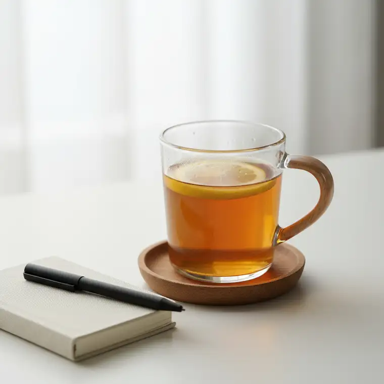 Osoba spokojnie zaczynająca prosty poranek regeneracyjny w 20 minut, siedzi z herbatą przy oknie i planuje dzień po okresie przepracowania