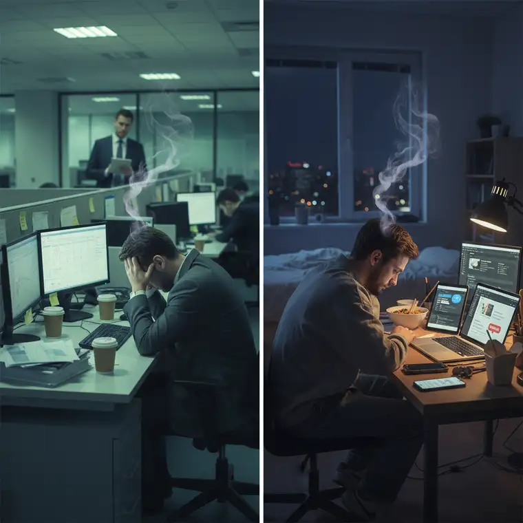 Zestresowany freelancer przy biurku, laptop, kubek kawy, symbol wypalenia i braku granic między pracą a życiem prywatnym