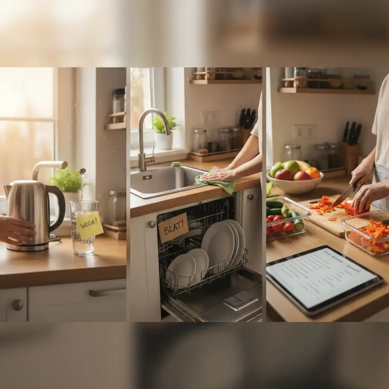 Wieczorne sprzątanie kuchni kotwiczone do momentu po wyjściu ostatniej osoby, czyste blaty i pusty zlew