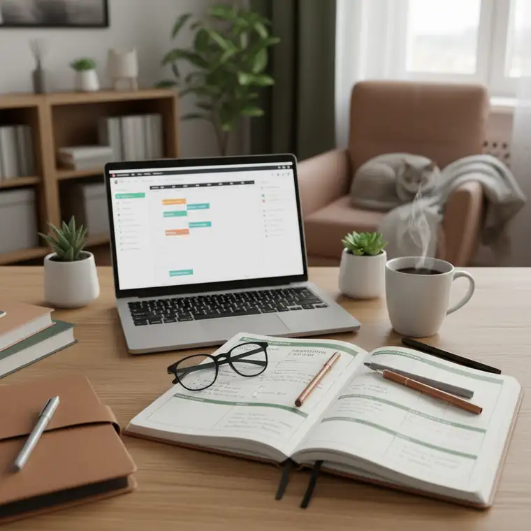 Widok pulpitu z cyfrowym dziennikiem produktywności, blokami czasu i listą zadań, ilustrujący planowanie pracy zdalnej na etacie