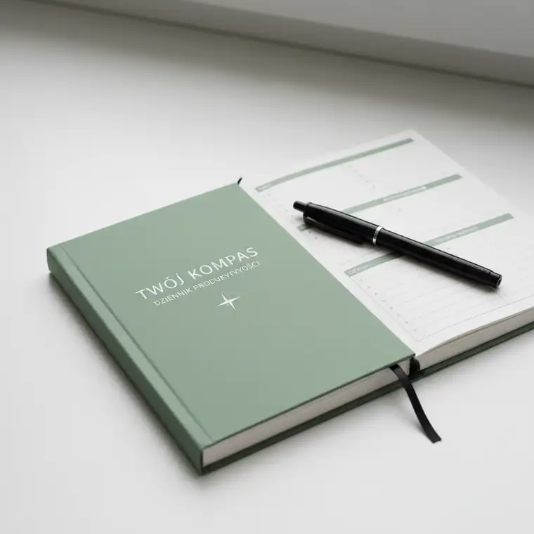 Pracownik zdalny prowadzi dziennik produktywności przy biurku w domowym biurze, planuje dzień i analizuje rozpraszacze w pracy zdalnej