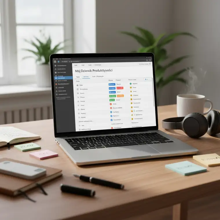 Zrzut ekranu z Notion przedstawiający konfigurację tabeli i właściwości w dzienniku produktywności dla początkujących