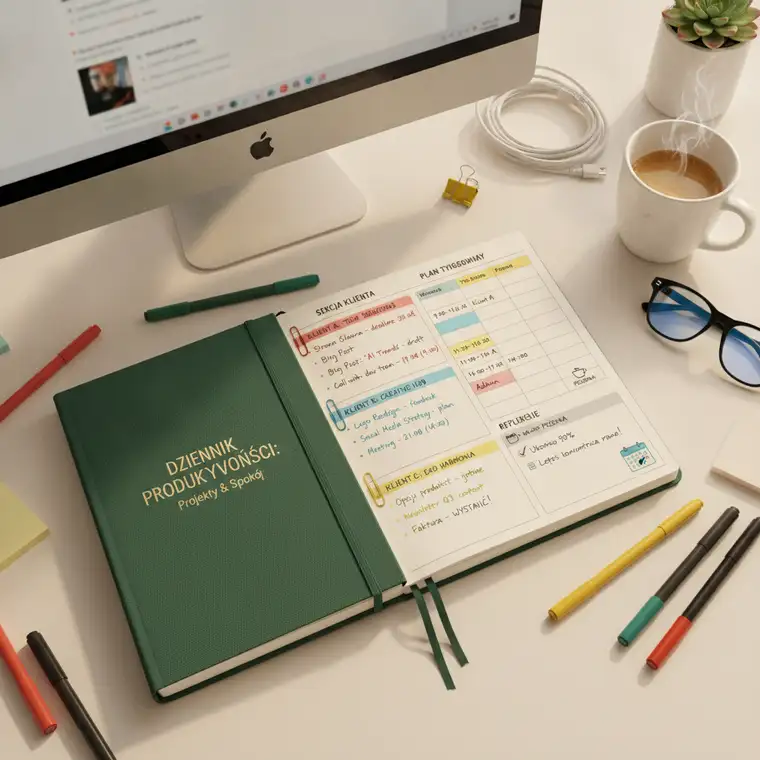 Widok otwartego planera i laptopa freelancera, który porządkuje zadania dla kilku klientów w dzienniku produktywności, by lepiej zarządzać projektami