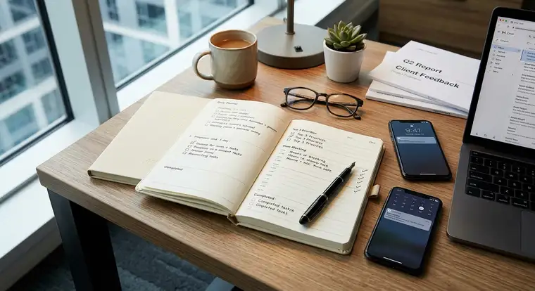 Nowoczesny cyfrowy planner dzienny do pracy biurowej 2026 na ekranie laptopa, z kalendarzem i listą zadań, używany w biurze