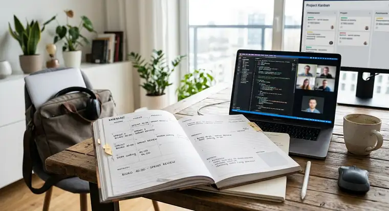 Planner dla specjalisty IT pracującego hybrydowo otwarty na tygodniowym widoku z miejscem na projekty, zadania i notatki
