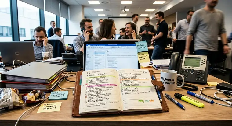 Biurko w biurze typu open space z otwartym plannerem dziennym, notatkami i laptopem, pokazujące proces priorytetyzacji zadań w korporacyjnej rzeczywistości